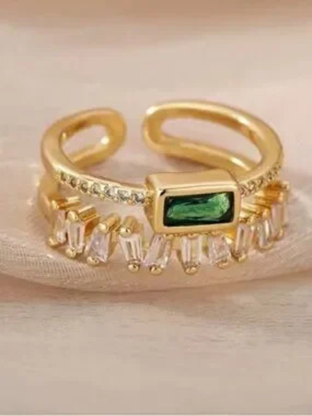 Gold Ring with Emerald Green Crystal and Clear Baguettes